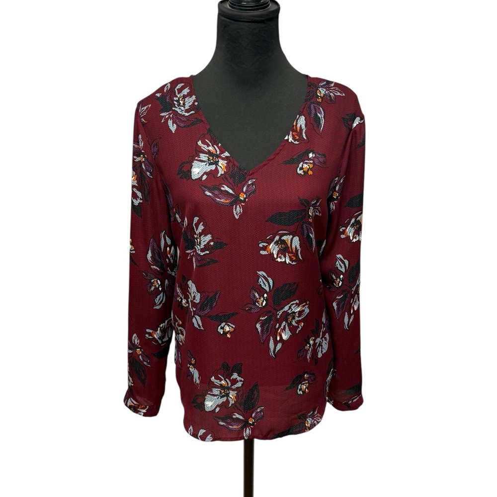 Maurices M Dark Red Floral Long Sleeve V Neck Cross Back Blouse